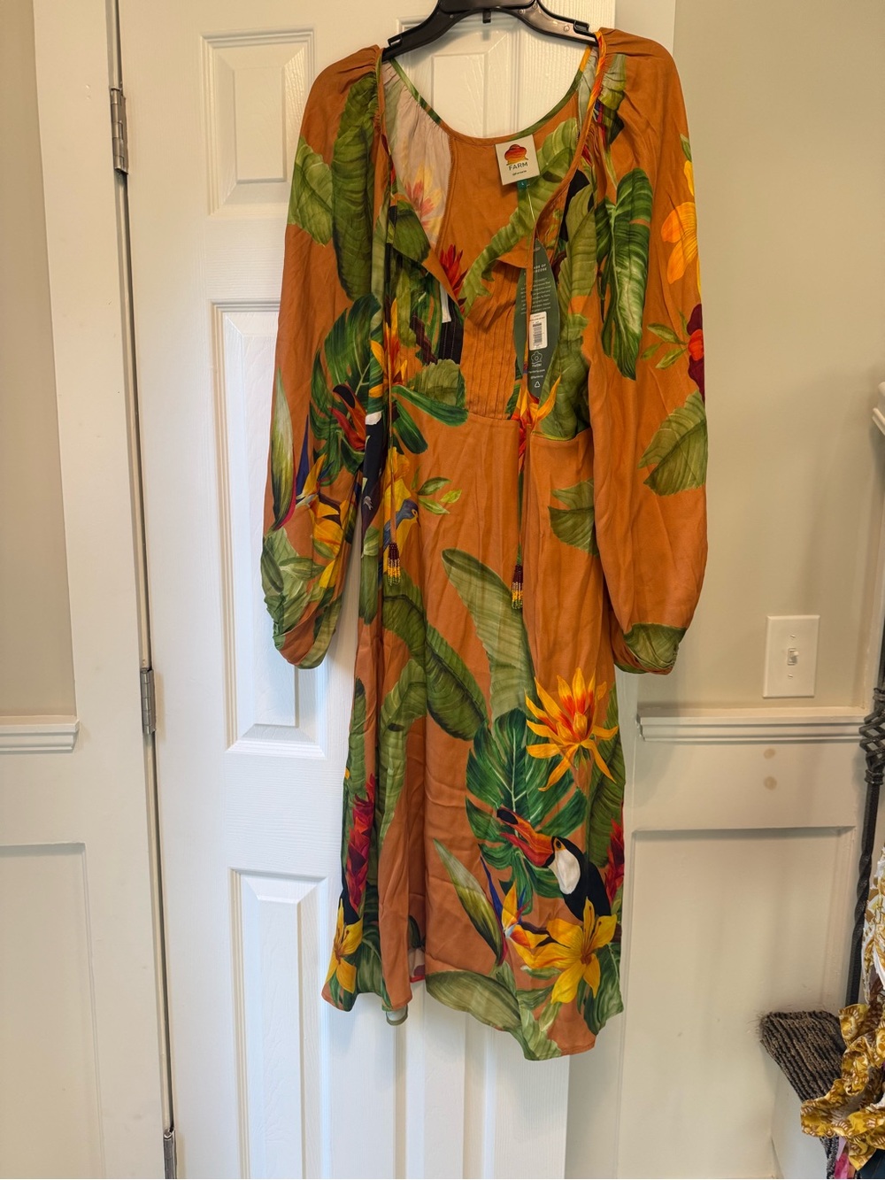 Farm Rio Tropical Desire Midi Dress toucan & tropical leaf print L Retail $235
